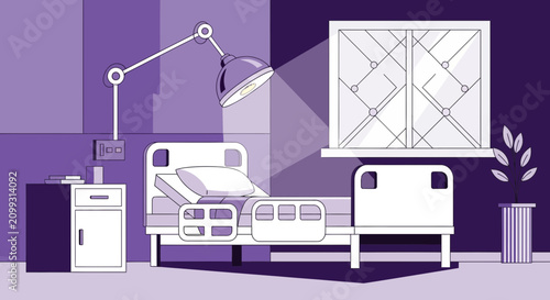 Hospital Room Interior Illustration With Bed, Lamp, Window, and Modern Artistic Design