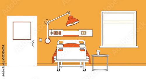 Hospital Room Interior Illustration With Bed, Lamp, Wall, And Window, Perspective View