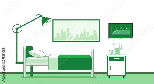Hospital Room Interior Illustration With Bed, Lamp, TV, and City Skyline View