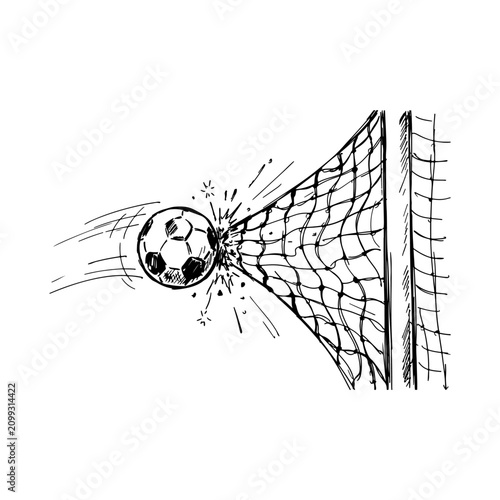 Soccer ball enters the goal net with a sharp impact shown through a detailed hand drawn ink style.