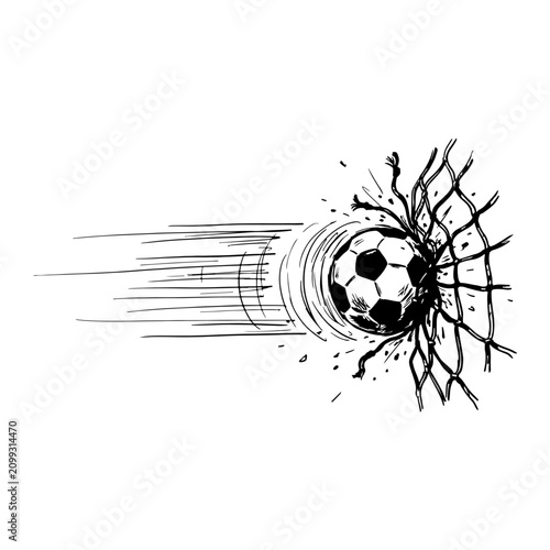 Soccer ball flies rapidly into the goal netting creating a powerful sense of movement and intensity.
