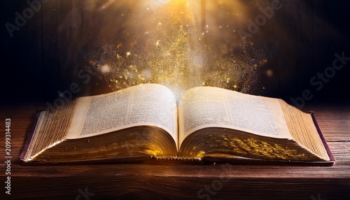 open sacred tome on aged wood gilded pages glowing softly through drifting dust
