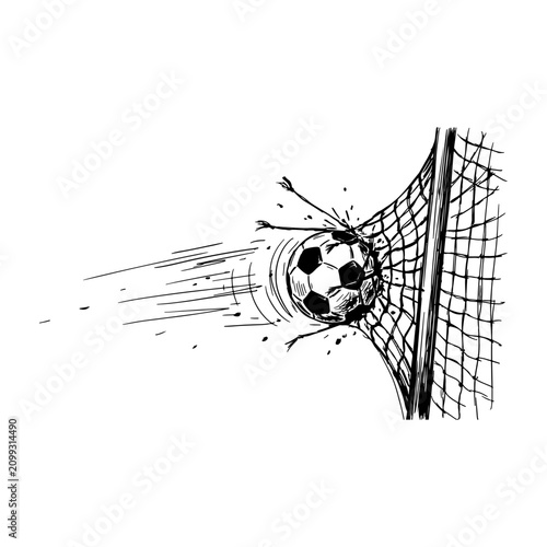 Soccer ball hits the back of the white net creating a dynamic impact motion in this black ink sketch.