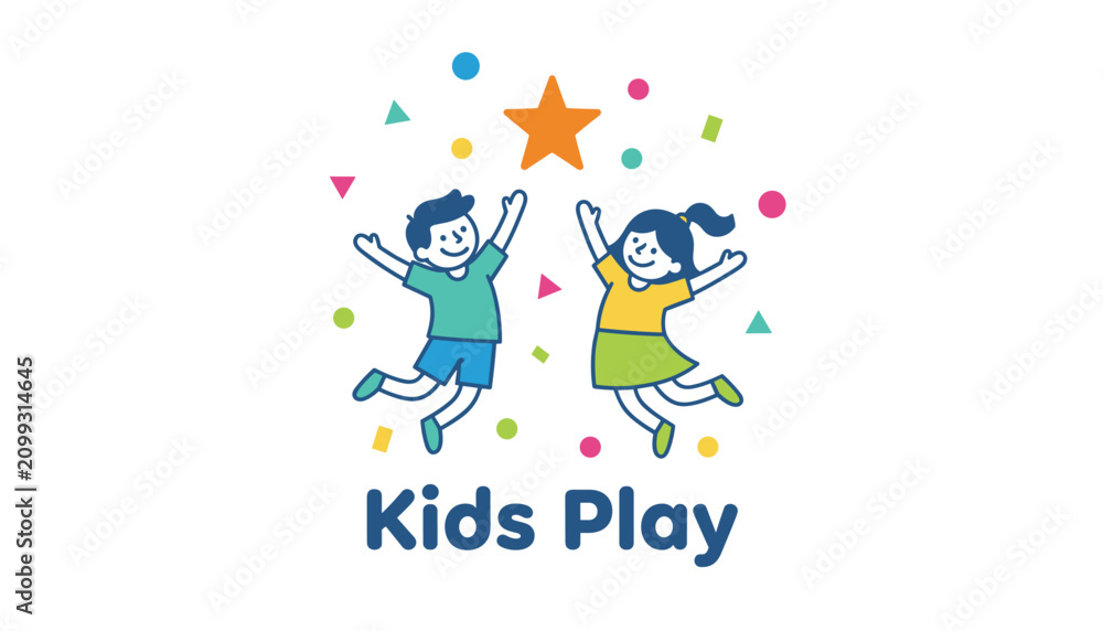 Naklejka premium Playful kids play brand logo shows happy young boy and girl jumping for joy towards a bright golden star on white background.