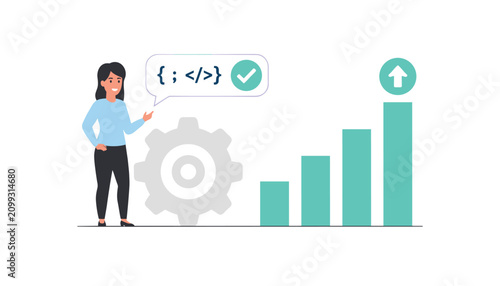 Expert female developer monitors a rising bar chart next to large gear, highlighting efficient process optimization.