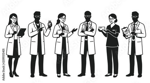 Diverse Medical Professionals Group Silhouette, Healthcare Team Standing Poses, Vector Art