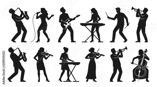 Diverse Musicians Silhouette Set - Band Performance, Music Elements