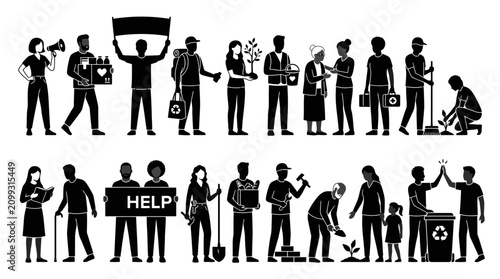 Diverse people group community teamwork volunteering environmental action planting recycling