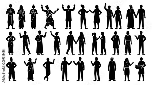 Diverse people silhouettes in traditional clothing, cultural diversity, group, unity