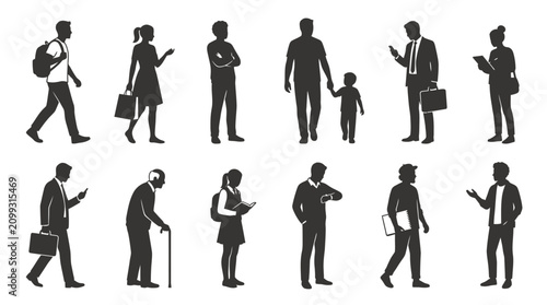 Diverse People Silhouettes: Walking, Waiting, Studying, Commuting & Family