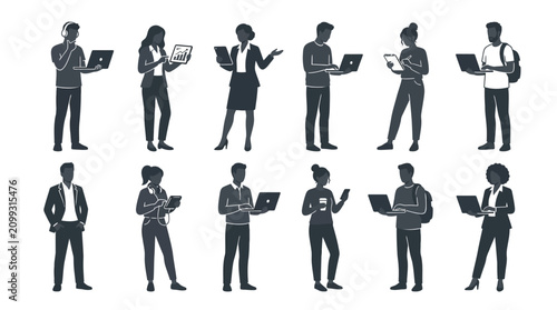 Diverse People Using Laptops and Phones - Silhouette Collection