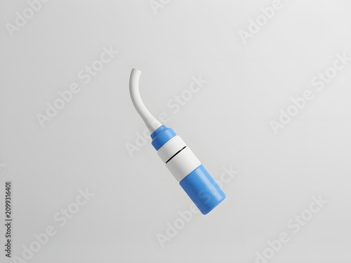Electric toothbrush with white and blue handle and curved neck