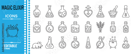 Fotografía Magic Potion and Elixir Outline Vector Icon Set