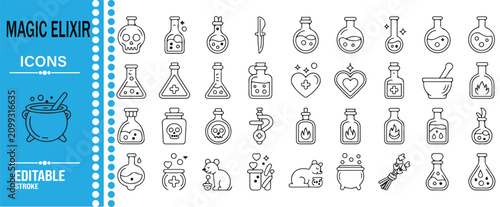 Cuadro en lienzo Magic Elixir and Fantasy Potion Outline Icon Set