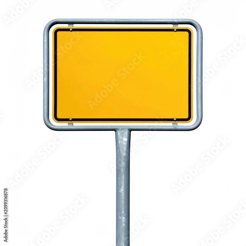 A blank, yellow rectangular sign mounted on a metal pole against a white background