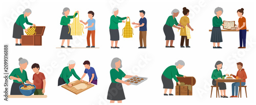 Grandmother and Grandchildren Baking Homemade Cookies Together Illustration Set