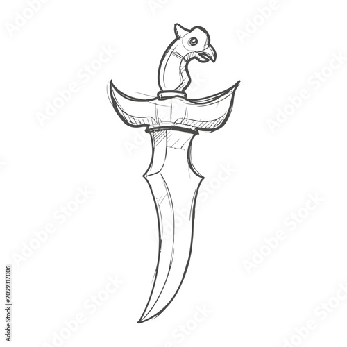 Hand Drawn Sketch of a Traditional Ceremonial Dagger with an Ornate Bird Shaped Hilt Isolated on a Plain White Background
