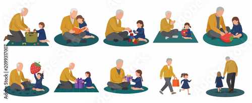 Grandfather and Granddaughter Spending Quality Time Together Illustration Set