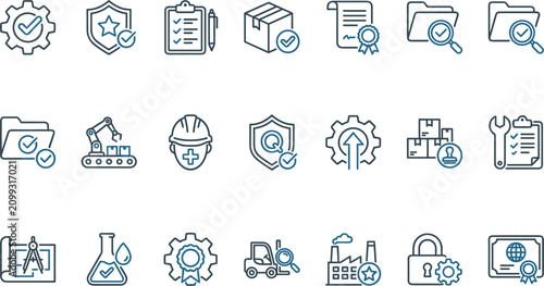 Obraz na płótnie Quality control assurance standard and manufacturing compliance vector line icon