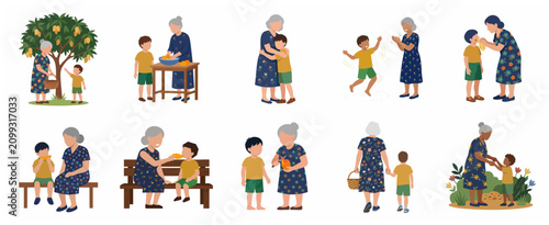 Grandmother and Grandson Bonding Activities Illustration Set