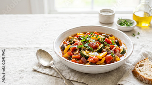 Bowl of ratatouille with vegetables and herbs on linen tablecloth  