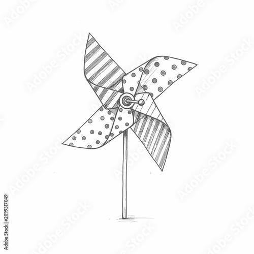 Detailed Hand Drawn Sketch of a Classic Pinwheel Wind Toy featuring Realistic Line Art and Geometric Patterns on White Background