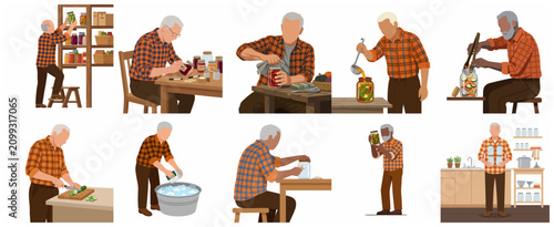 Senior man canning and preserving homemade fermented vegetables in glass jars, flat vector illustration set