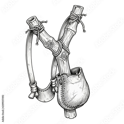 Detailed Hand-Drawn Sketch of a Traditional Wooden Slingshot with a Leather Pouch