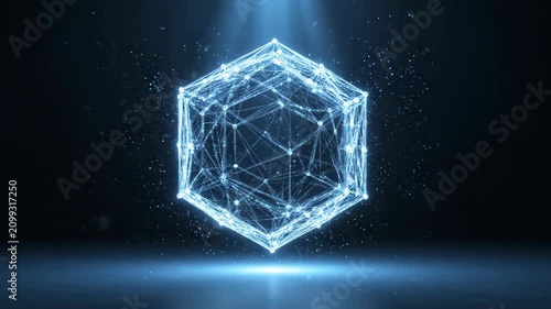 Luminous blue wireframe polyhedron depicting digital network data, composed interconnected lines particles, commercial applications.