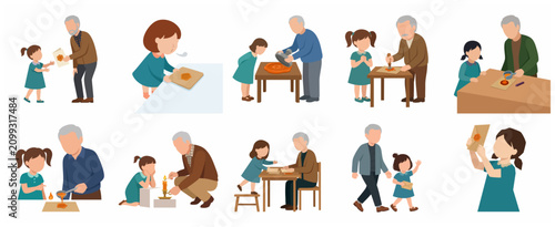 Grandfather and Granddaughter Traditional Wax Sealing and Letter Writing Illustration Collection