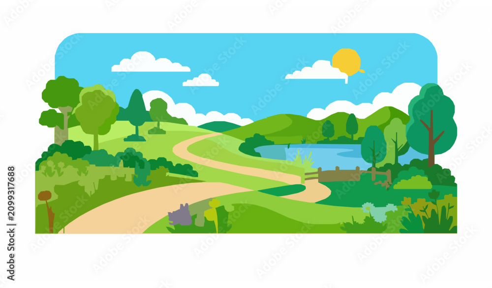 Fototapeta premium Sunny countryside landscape with winding road green trees hills and peaceful rural nature vector illustration