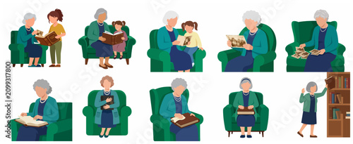 Set of illustrations featuring a grandmother and granddaughter sharing memories, looking at photo albums, and reading together