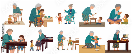 Set of flat vector illustrations depicting a grandmother bonding with her grandchild through playing, eating, and learning together at home.