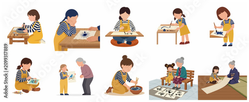Children learning traditional Japanese ink wash painting and calligraphy illustration set