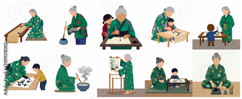 Elderly Japanese woman in kimono teaching traditional calligraphy and ink wash painting to children, flat vector illustration collection