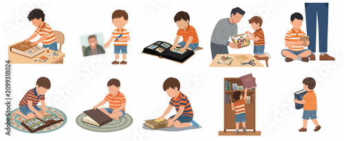 Little boy exploring family history through photos, scrapbooking, and genealogy activities