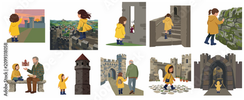 Flat vector illustration set of a little girl in a yellow raincoat exploring medieval castle ruins, historical landmarks, and learning from her grandfather