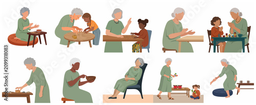 Collection of Flat Vector Illustrations of a Grandmother and Granddaughter Playing and Learning Together