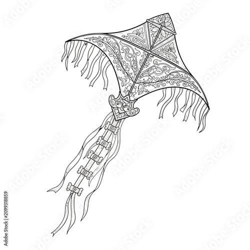 Hand-drawn sketch of a traditional decorative kite with intricate ethnic carvings and elegant fringes on a white background