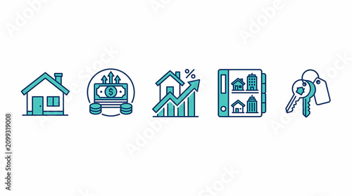 Real estate investment icons with house, train, and family. Property development and urban transport vector symbols for business growth.