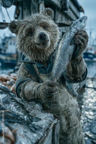 Anthropomorphic Grizzly Bear Fisherman Holding a Fresh Salmon at a Cold Coastal Harbor Fish Market Dock