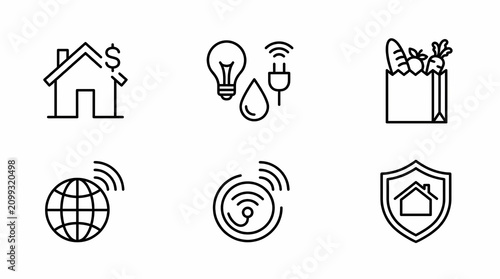 Smart home technology and utility cost icons set. Vector collection of energy efficiency, internet, and security symbols for financial planning.