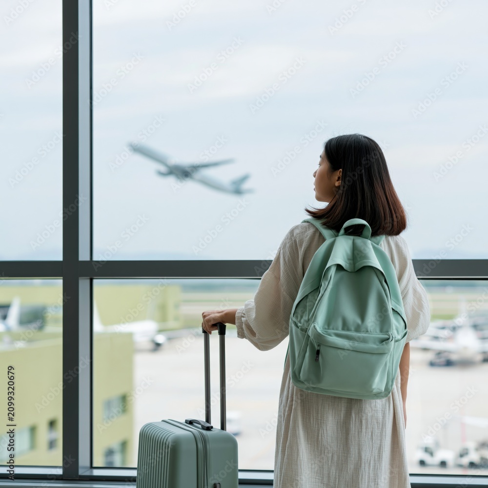 Obraz premium Young traveler with mint backpack and rolling suitcase looking out airport window at airplane for travel poster and background design