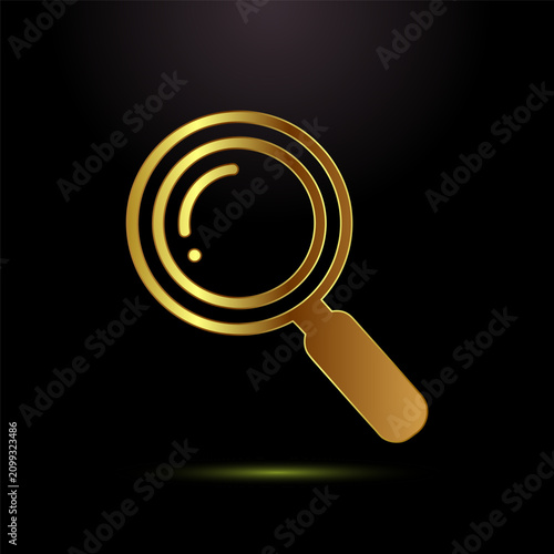 Shiny golden outline magnifying glass icon representing search and discovery concept.