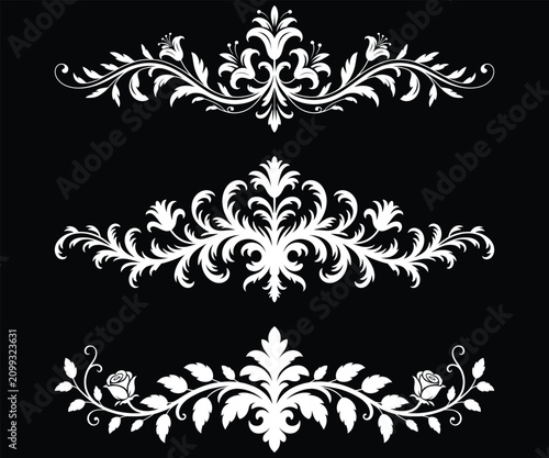 Set of vector graphic design elements white dividers ornamental frames, floral filigree.
