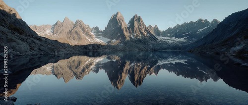 Majestic rocky mountains reflecting in a clear alpine lake at sunrise