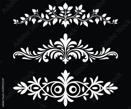 Collection of decorative vintage dividers with leaf swirls and ornate floral silhouettes set.