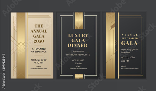 Elegant Gala Invitation Card Set with Abstract Flowing Golden Line Art on White Background