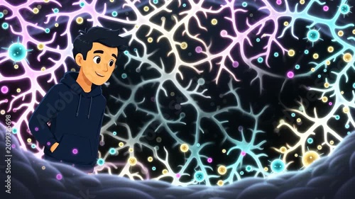 A young man shares insights about the brain and its functions using colorful animations