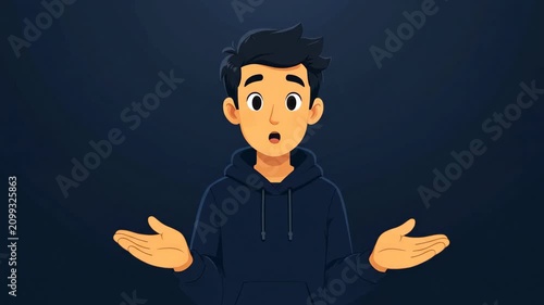 A young man in a hoodie displays various emotions through animated facial expressions. The setting is simple and focuses on his reactions